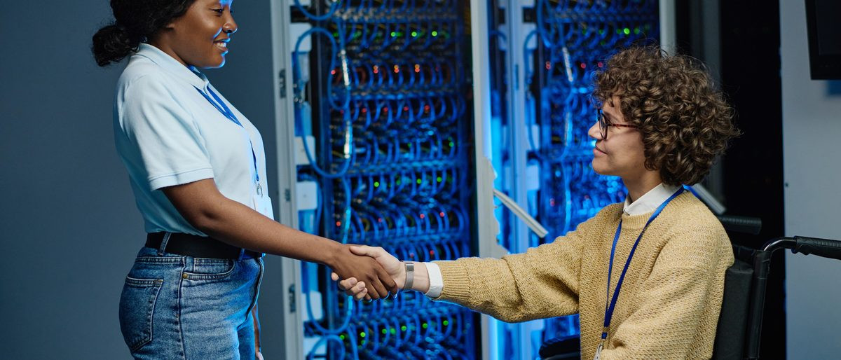 Engineers working in a data center